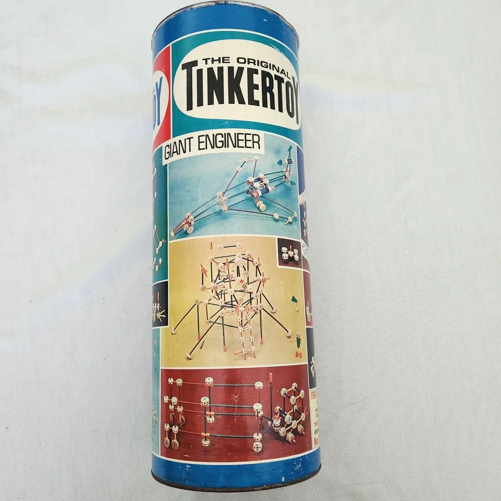 Vintage Tinkertoy Giant Engineer Construction Set 213 Pieces Original Canister